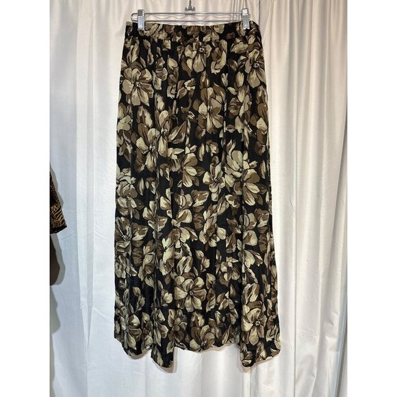 Vintage Anna & Gran Floral Maxi Skirt M 100% Silk Black & Brown Button Front - Picture 3 of 4